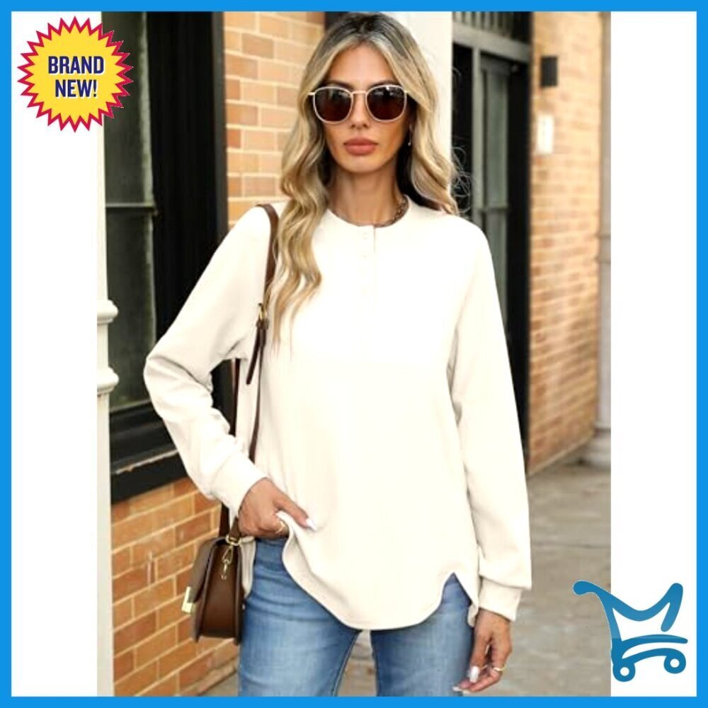 Long Sleeve Henley Tunic Sweatshirt Loose Fit Polyester Pullover Casual Top - Picture 3 of 7